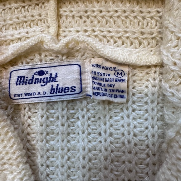 Vintage 80s Midnight Blues Cream Hooded Cardigan Chunky Knit Sweater Medium - Picture 4 of 5